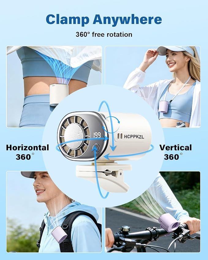2026 Car Clip on Air Conditioner Fan with LED Display Portable Mini Cooling System 360° Rotation Adjustable 200 Speeds Rechargeable Handheld Gadget 16℃ Semi Wide Clamp for Vehicle Shirt Waist(Gray) - Image 6
