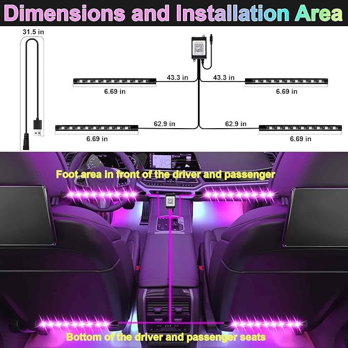 BFXM Car Interior Lights, LED Lights Strip with USB Adapter Car Accessories | LED Lights for Car, Car Ambient Lighting, App & Remote Control Music Sync Color Change Lights for Truck Car Decor - Image 3