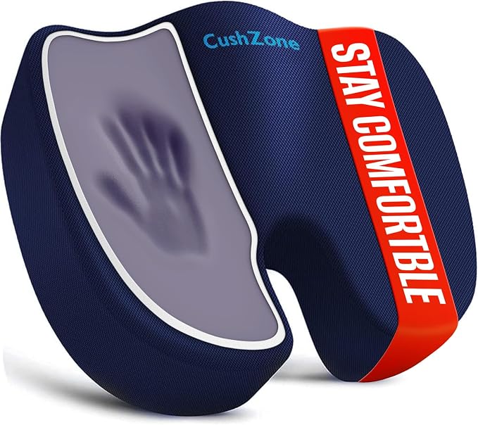 CushZone XXL Memory Foam Seat Cushion for Office & Car, Blue | U-shaped Coccyx Cutout, Contoured Design, Breathable Removable Mesh Cover, Non-Slip Base, Carry Handle by CushZone