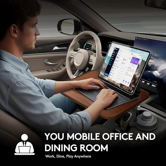 Car Tray Table & Car Laptop Desk, Height-Adjustable 360° Rotating Wood Car Laptop Mount, Steering Wheel Tray, Cup Holder Table,Compatible with Tesla & Most Vehicles Walnut - Image 4