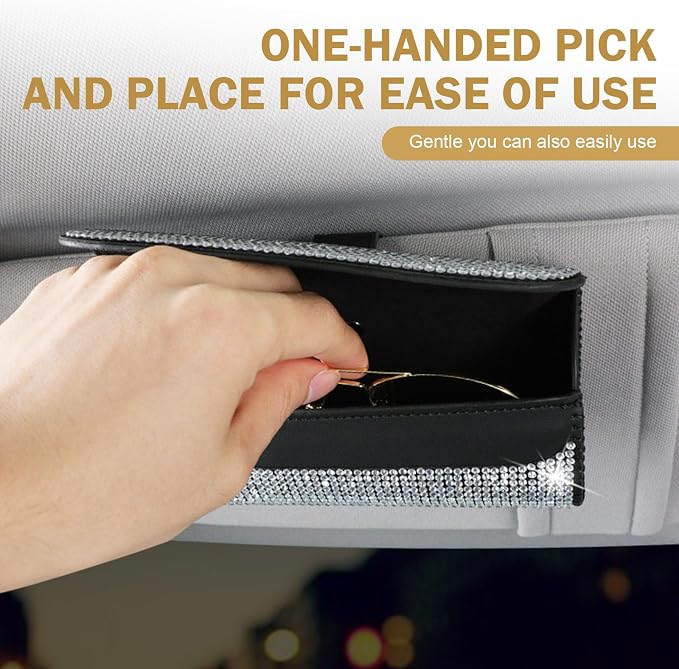 Bling Sunglasses Holder for Car Sun Visor, Rhinestone Auto Eyeglasses Mount Clip Organizer, Leather Sunvisor Sunglasses Storage Case, Universal Glasses Holder Clips for SUV, Sedan, Van (White) - Image 3