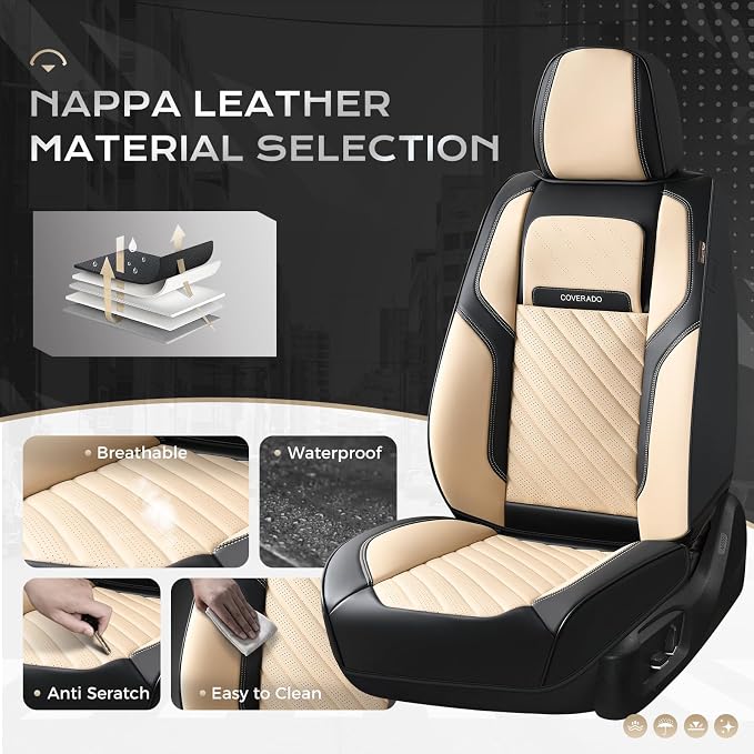 Coverado Car Seat Covers Front Set, Luxury Nappa Leather Seat Covers Universal Fit Waterproof Non-Slip Breathable Automotive Seat Protectors for Cars, SUVs, Trucks - Image 2