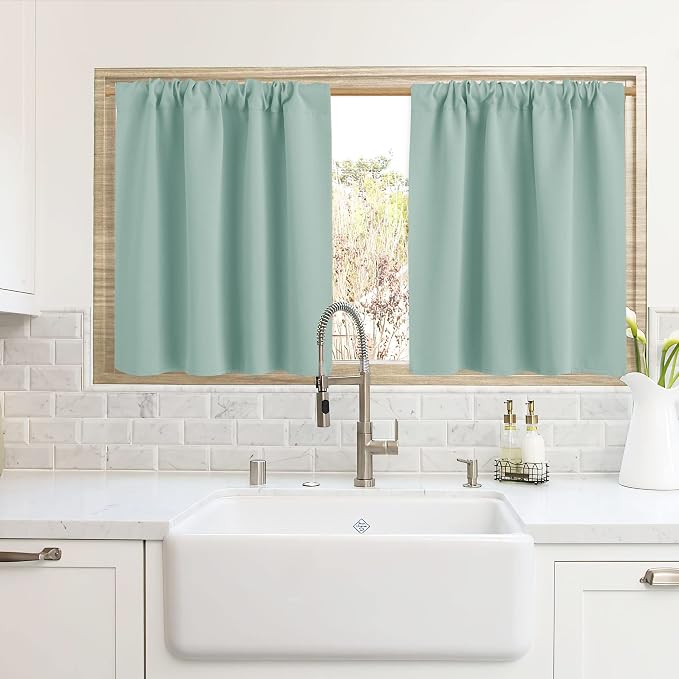 RYB HOME Cafe Blackout Curtains 24 inch Length for RV Camper Kitchen Window | Temperature Regulating, Light UV Blocking, Privacy Protection, Short Small Half Window Tiers, W42 x L24, Aqua, 2 Panels by RYBHOME