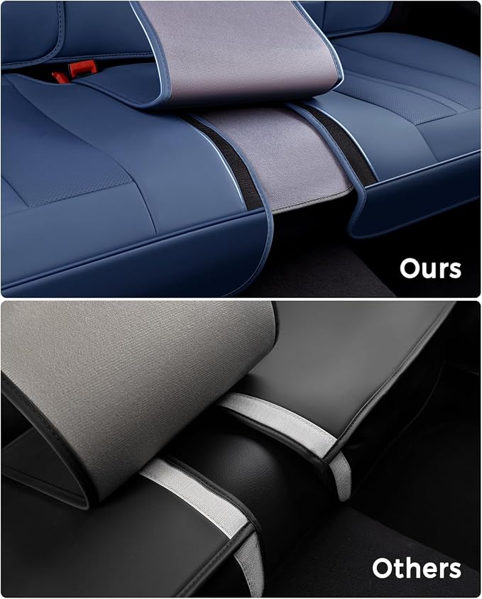 Huidasource Blue Back Seat Cover Luxury Nappa Leather, Rear Seat Cover with Velcro Adjustable, Ventilation Holes, Child Safety Seats, Back Seat Car Cover Universal Fit for Most Cars SUV Trucks, Blue - Image 3