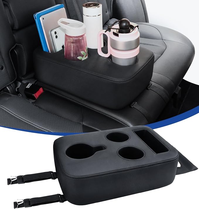 Upgraded Car Cup Holder with Dual Secure Strap Back Seat Cup Holder for Car | PU Leather Truck Cup Holder, Boat Tray Organizer for Trucks, Minivans, SUVs, RVs, Holds Coffee, Snacks, Cell Phone by Sinvanho