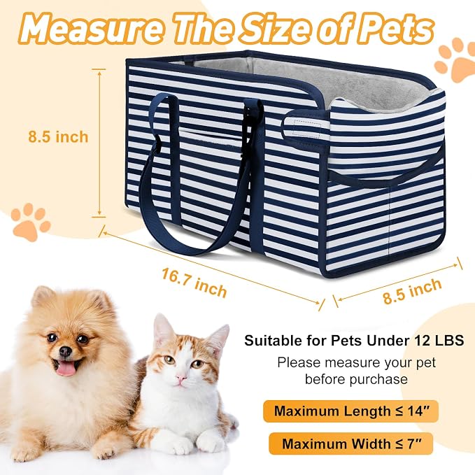 Portable Dog Car Seat for Small Dogs, Puppy Car Seat, Blue Stripes | Booster Seat With Safety Leash & Adjustable Straps Keeps Small Dogs Secure. Removable Washable Cushion. Fits Most Cars. - Image 2