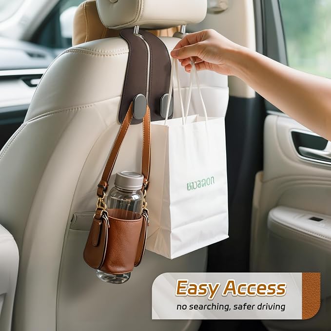 Car Seat Headrest Hooks, 2PCS Universal Car Purse Hook Leather Car Bag Hook | Brown Car Bag Purse Holder with Double Metal Hooks for Handbags, Grocery Bags, Bottles, Phones - Image 4