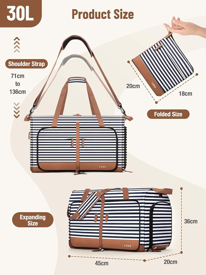 Lekesky Foldable Travel Duffle Bag for Women, Large Duffel Bag with Separate Shoes Compartments & Straps, Carry On Weekend Bag for Women, Hospital, Overnight (Blue Stripe, 30L) - Image 3