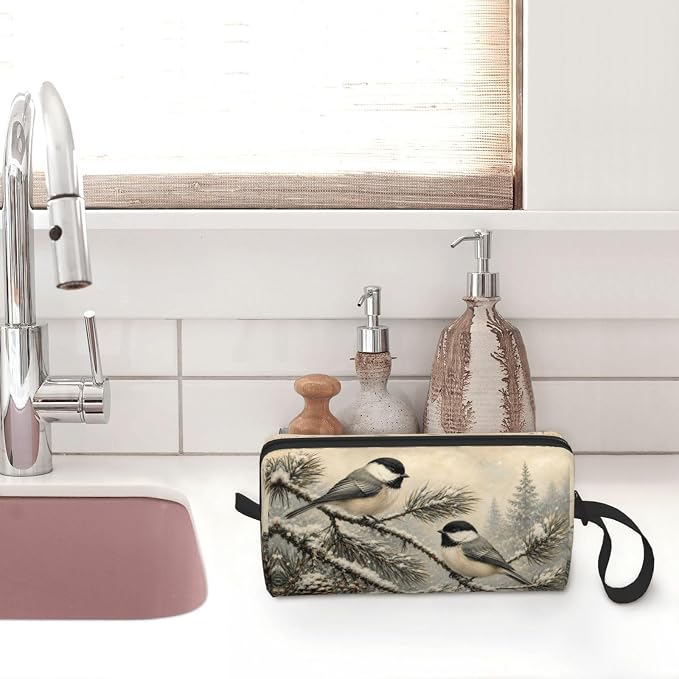 Chickadee Pair on Snowy Pine Makeup Bag for Women, Cosmetic Pouch | Double-Sided Winter Chickadee Cosmetic Organizer with Foam Padding for Women, Travel, Gym, School, and Daily Storage - Image 7