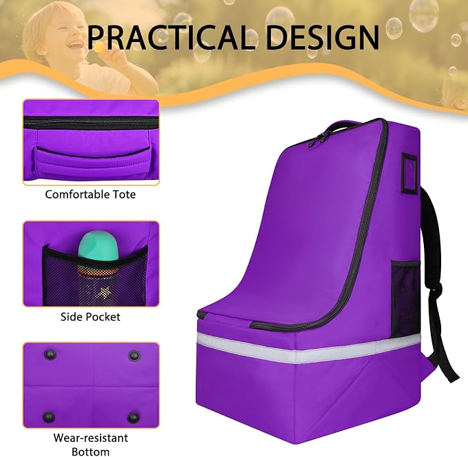 LARIPOP Car Seat Travel Bag for Airplane, Universal Gate Check Car Seat Bag, Padded Backpack with Waist Belt, Reflective Strips & Protective Feet, Fits Infant Convertible Booster Seats, Purple - Image 5