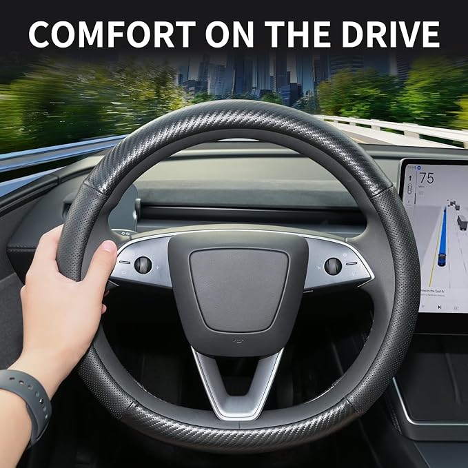 Uxcer Carbon Fiber Leather Steering Wheel Cover for Tesla Model 3/Y 2016-2025 2026 Juniper/Highland, Non-Slip Breathable Steering Wheel Protector for Tesla Model 3/Y Accessories 2026 - Image 4