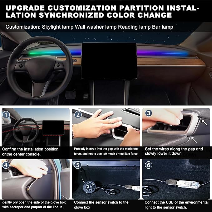 Acrylic Interior Car LED Strip Light with 30S Motion Sensor Switch&USB Hub, Dreamcolor 55.1 inches Ambient Lighting Kits, RGB Colors Neon LED Strip Light - Image 7