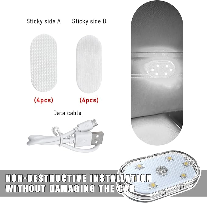 KVAEY 4 PCS Car LED Lights Interior Wireless, 7 Colors Magnetic Auto Ambient Light with 6 Bright LED Lamp Beads, Portable USB Rechargeable Vehicle Interior Led Night Light (White, Sticky, 4pcs) - Image 3