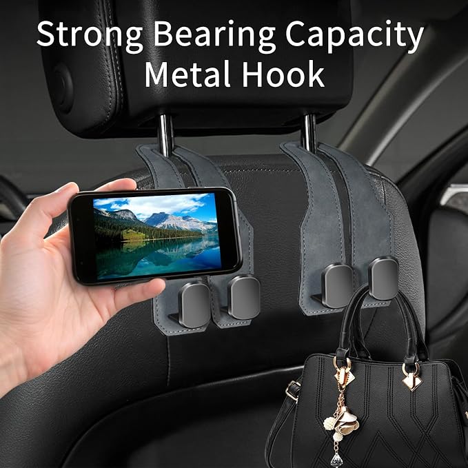 Car Purse Hook, Car Seat Headrest Hooks, Grey Leather 4 Pack | Car Purse Holder Hooks, Universal Car Hangers Seat Back Organizer Storage, Double Metal Hooks for Grocery Purses and Bags - Image 3