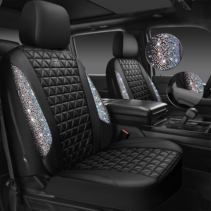 CAR PASS Bling Diamond Leather Car Seat Covers for 2 Front Interior Sets, Waterproof Shining Glitter Sparkly Crystal Universal Armrest Automotive Truck SUV Cute Women Girl, Black Multicolor Rhinestone - Image 2