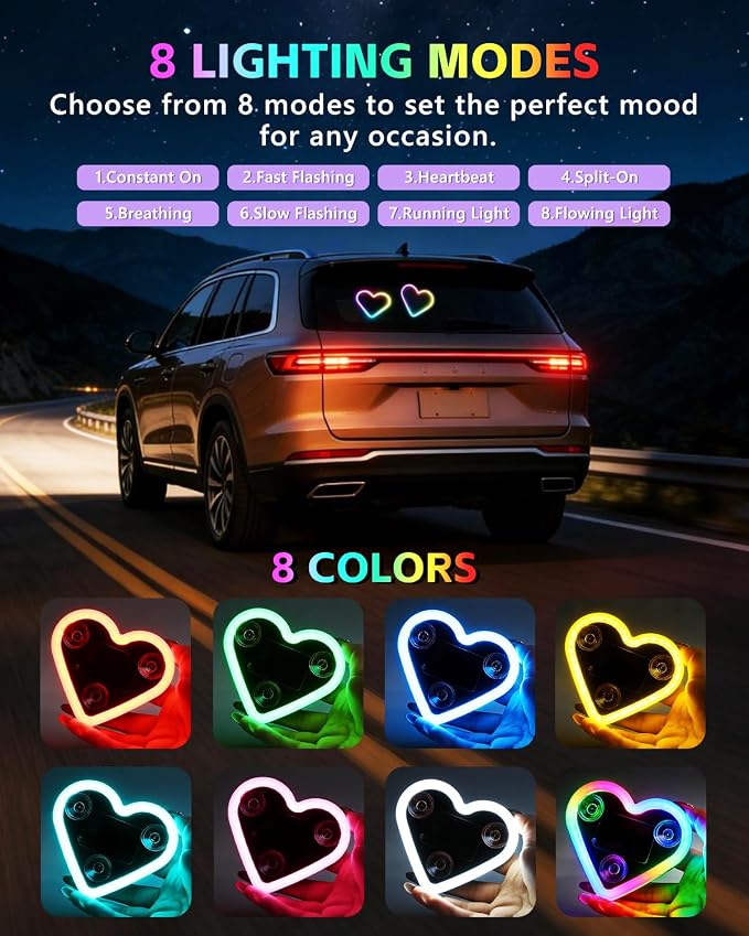 2PCS Car LED Ambient Lights, Car Triangle Window Solar-Powered Heart Shaped Atmosphere Light with 8 Switchable Lighting Modes, Rechargeable Romantic Neon Heart Light for Interior Car(Colorful) - Image 3