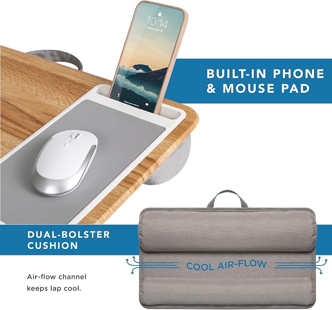 LAPGEAR Home Office Lap Desk – Oak Woodgrain, Fits 15.6” Laptops | Built-In Mouse Pad & Phone Slot, Integrated Device Ledge, Dual-Bolster Microbead Cushion, Carry Handle - Image 4