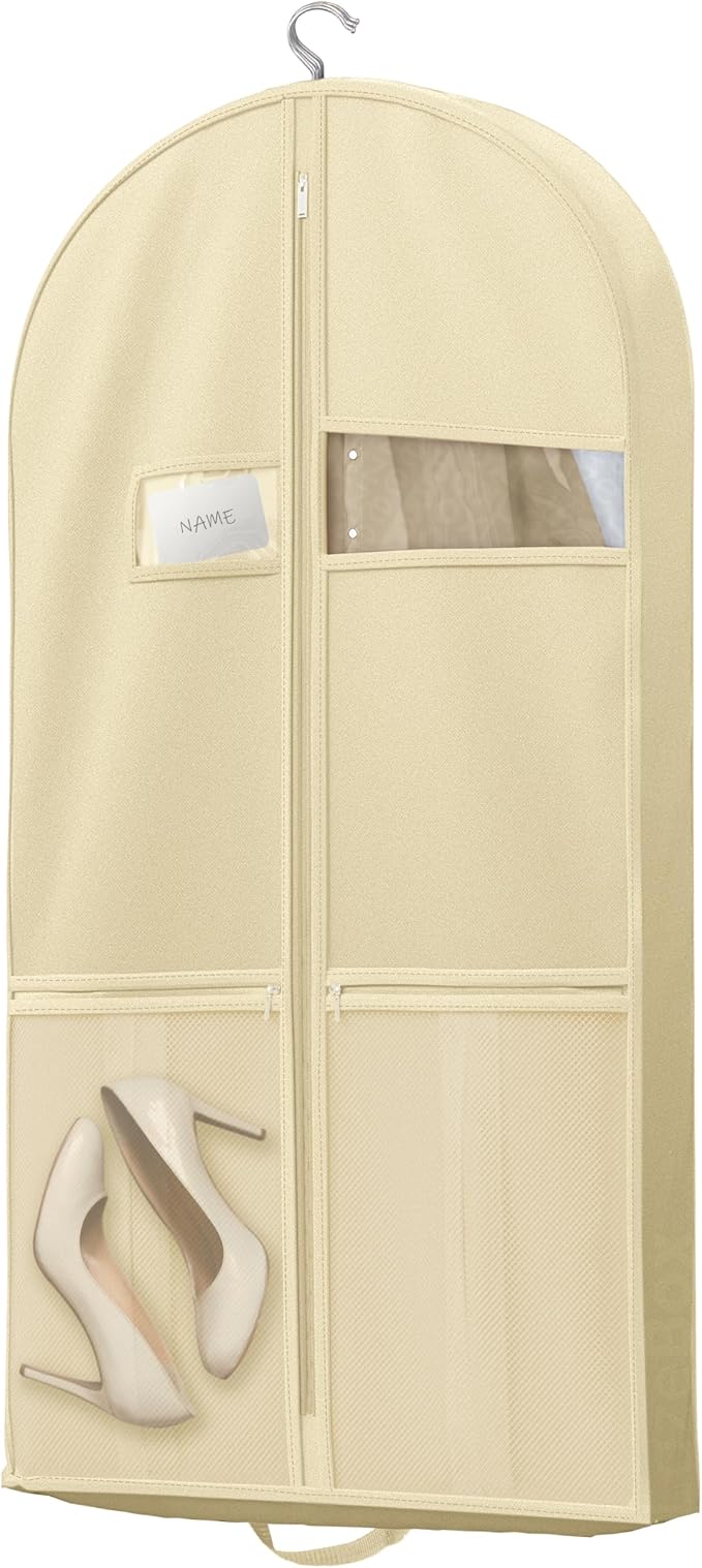 Lazebox 43" Travel Garment Bag with Accessories Zipper Pocket, Heavy Duty Suit Bag for Suits, Tuxedos, Dresses, Coats, Beige, 1 pack by Lazebox