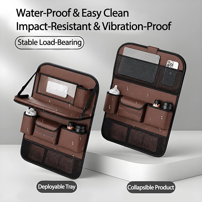 2 Pack Leather Car Backseat Organizer with Foldable Table Tray, Universal Car Seat Back Protector Kick Mat with Touchscreen Tablet Holder, Storage Pockets, Cup Holders & Tissue Holder, Brown - Image 7