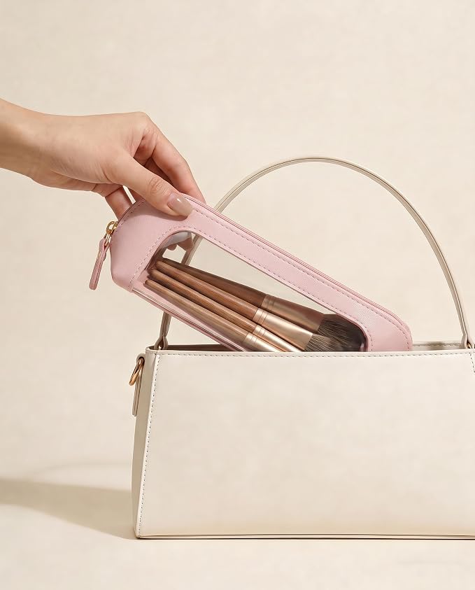Clear Makeup Brush Bag Pouch,Waterproof PU Leather Portable Travel Makeup Bag with Transparent Window, Travel Essentials Pencil Case Organizer Pouch Car Accessories for Women Girls (Slim, Light Pink) - Image 5