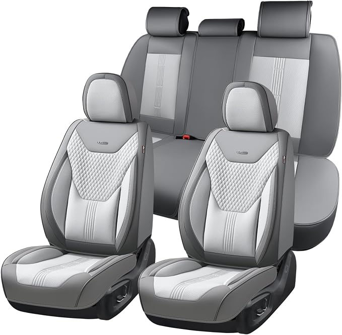 Coverado Car Seat Covers Full Set, Front Seat Covers with Lumbar Support and Back Seat Cover Waterproof Leather Automotive Seat Cover, Universal Car Interior Protectors Cushion for Most Cars by COVERADOAUTO