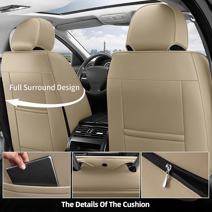 HChengkikz Car Seat Covers Full Set, Full-Wrap Faux Leather (Beige) | Universal Fit for SUV Truck Pickup Sedan, Waterproof with Memory Foam Lumbar Support, Airbag Compatible - Image 5