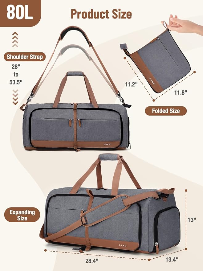 Lekesky Foldable Travel Duffel Bag for Women, 80L Large Duffle Bag with Separate Shoes Compartments & Straps, Carry On Weekend Bag for Women, Hospital, Overnight(Grey) - Image 3