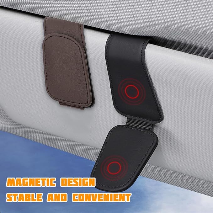 Sunglasses Holder for Car Visor, Microfiber Leather Magnetic Sun Visor Eyeglasses Hanger & Ticket Card Clip, Multi-Function Automotive Interior Glasses Mount, Universal Fit (Brown) - Image 3