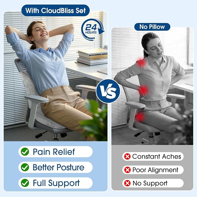 CloudBliss Lumbar Support Pillow & Seat Cushion Set for Office Chair,Desk Chair,Wheelchair & Car–Memory Foam Back Support, Ergonomic Chair Cushions, Sciatica Pain Relief,Home Essentials(Light Grey,XL) - Image 8