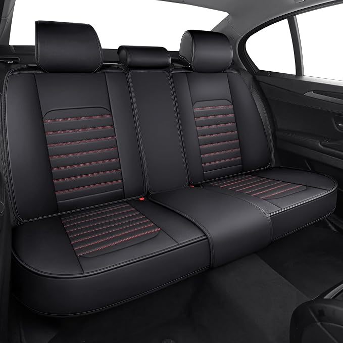 Waterproof Leather Auto Seat Covers Full Set, Black-Red | Universal Fit Toyota Honda Altima Civic Rogue Ford Focus Fiesta Fusion Escape Explorer Ranger Infiniti Mazda Audi - Image 3