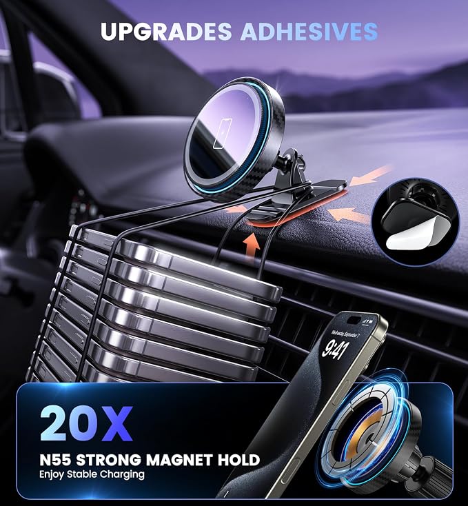 Magnetic Car Charger Mount 15W for iPhone 17-12 Pro Max | N52 Strong Magnets, 360° Rotation, Dashboard & Vent Mount, Compatible with Magnetic Cases, Gift for Men, Black - Image 5