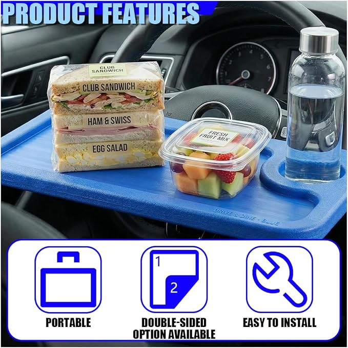 Car Steering Wheel Desk, 2 in 1 Multipurpose Auto Steering Wheel Tray with Drink Holder and Pen Slot, Portable Vehicle Computer Office Table Travel Accessories for Laptop, Food (Blue) - Image 4