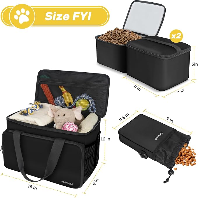 6 Set Dog Travel Bag, Large Pet Travel Kit for Supplies, Black | Includes 2 Food Containers, 1 Pet Organizer for Dogs, 2 Collapsible Bowls, 1 Treat Pouch, Dog Weekend Overnight Bag Luggage - Image 9