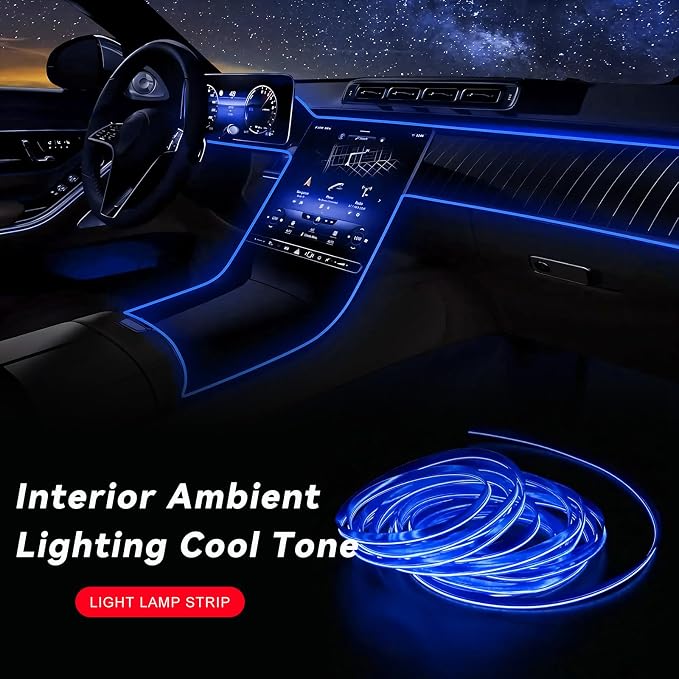 EL Wire Interior Car LED Strip Lights, 16.5FT 5V EL Wire Strip Neon Glowing Strobing Light w/ 5mm Sewing Edge, USB Electroluminescent Ambient Lighting Kit for Car Inside Decoration (Blue) - Image 4