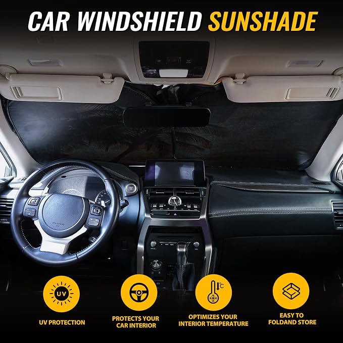 Car Windshield Sun Shade, Foldable Reflective UV Front Sunshade | 57" x 31", Sun Visor Blocks UV Rays & Keep Cool for Cars Interior, Fits Sedans, SUVs & Trucks, Foldable & Easy Storage - Image 2