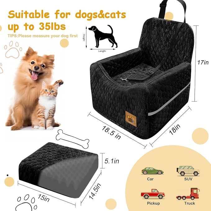 Dog Car Seat for Small/Medium Dogs, Memory Foam Dog Booster Seat, Travel Safety with Washable Removable Cover, Storage Pockets for Dogs up to 35 lbs(Black) - Image 2