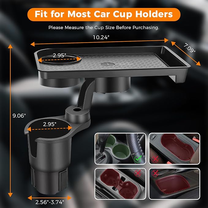 3-in-1 Car Cup Holder Tray for Eating with Double Cupholders | Expander 2.6"-3.7" Inner Diameter Standard Vehicles, Car Seat Cups Holder with 10.24" Snack Tray Organizer & Phone Holder - Image 4