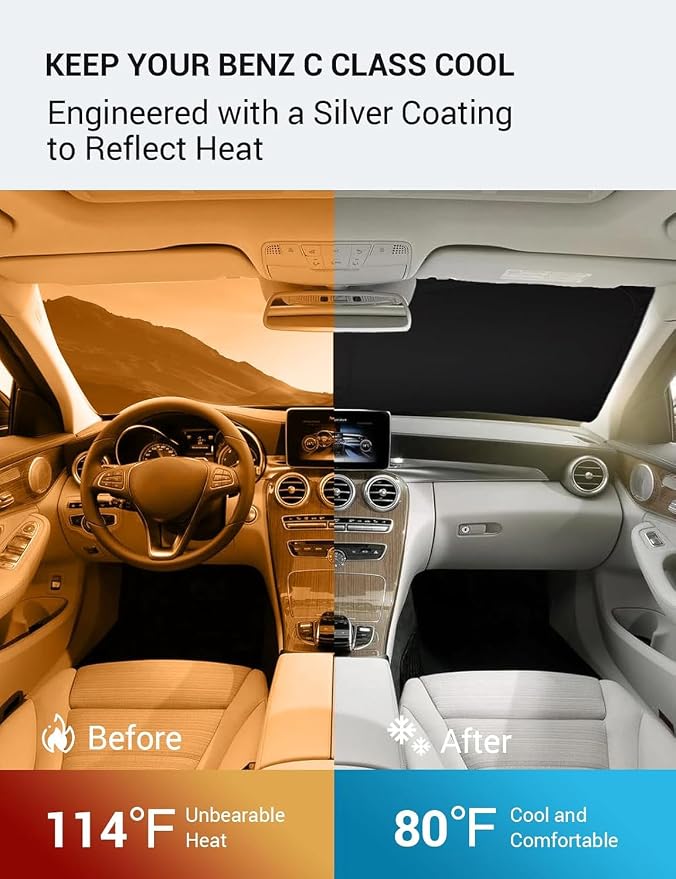 Proadsy Custom Fit 2008-2014 Benz C Class Windshield Sun Shade, Blocks Heat | 240T Heat Shield, Drops Temp 54°F, Blocks 99% UV, Prevents Dashboard Cracking, Summer Parking & Beach Trips, Easy Twist-Fold - Image 3