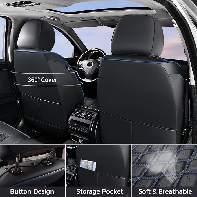 Huidasource 2007-2017 Wrangler JK Seat Covers 4 Door (Fullset/Black&Blue) | Waterproof Leather Custom Seat Cover, Front&Rear Seat Cushion Protector Fit for Jeep Wrangler JK 4-Door Sahara Sport Rubicon - Image 3