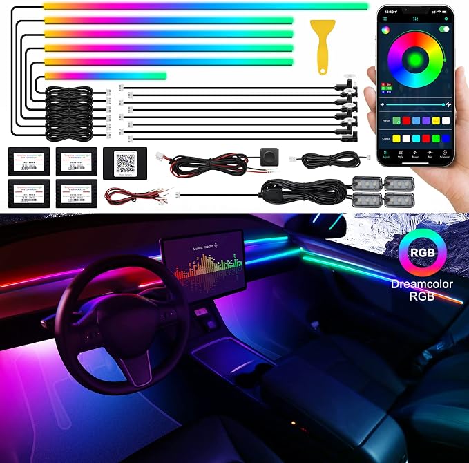 Dreamcolor Acrylic Interior Car LED Strip Light with Wireless APP, RGB 18 in 1 with 175 inches 593 LEDs Fiber Optic Ambient Lighting Kits, 16 Million Colors Sound Active Function Car Neon Lights by MAODANER