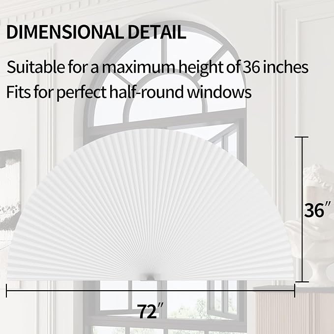 Myshade Arch Window Shades Half Circle Light Filtering Cellular Shades Cordless No Drill Blinds for Windows Half Moon Honeycomb Fabric No Tools Shades Easy Install (2PCS White 72" W X 36" H) - Image 3