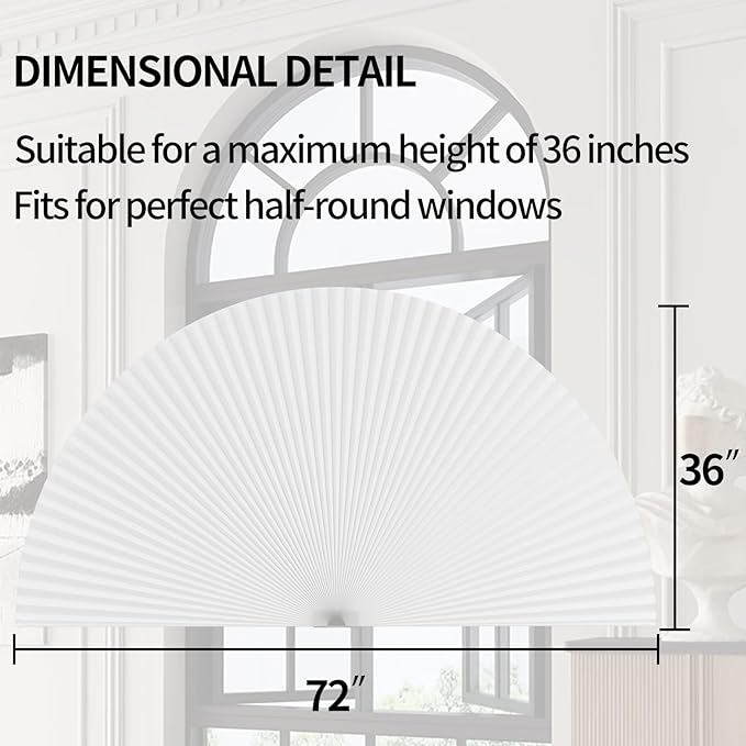 Myshade Arch Window Shades Half Circle Light Filtering Cellular Shades Cordless No Drill Blinds for Windows Half Moon Honeycomb Fabric No Tools Shades Easy Install (1PCS White 72" W X 36" H) - Image 3