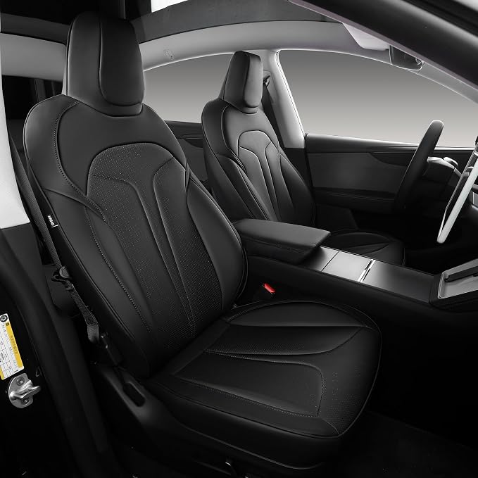 Custom Seat Covers for 2025 2026 Tesla Model Y Juniper 5-Seater - Black | Waterproof Breathable Nappa Leather, OEM Factory Style Full Set, Full Coverage Design with Armrest Covers, Airbag Compatible by Ourplot