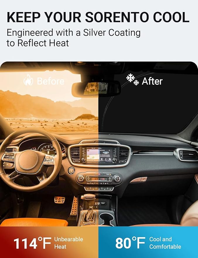 Proadsy Custom Fit 2016-2020 Kia Sorento Windshield Sun Shade, Blocks Heat | 240T Heat Shield, Drops Temp 54°F, Blocks 99% UV, Prevents Dashboard Cracking, Summer Parking & Beach Trips, Easy Twist-Fold - Image 3