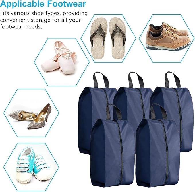5Pcs XL Travel Shoe Bags Portable Travel Gifts Shoe Organizer with Zipper Closure, Waterproof Nylon Shoe Storage Organizer with Handle Travel Bags For Men and Women, Navy - Image 7