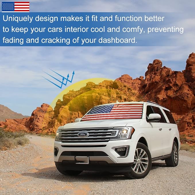 Car Windshield Sun Shade American Flag Design, KANCOKIT Foldable Car Front Window Sun Shield for SUV Truck Van, Keeps Your Vehicle Cool, Protects Dashboard from Fade and Cracks (59 x 33.5 Inch) - Image 7