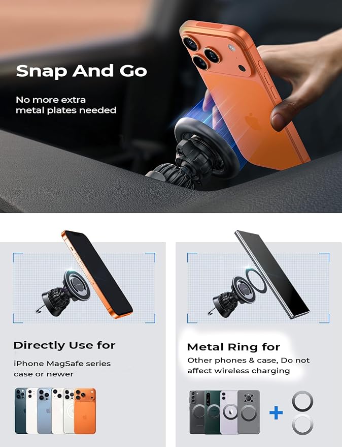 LISEN for MagSafe Car Mount [Strong Magnets] Magnetic Phone Holder for Car Hands Free Cell Phone Mount Cradle Vent & Dashboard Car Accessories for Women Men fit iPhone 17 16 15 14 13 12, Black | 2-in-1 Vent & Dashboard Car Phone Mount 22*N55 Strong Mag... - Image 6