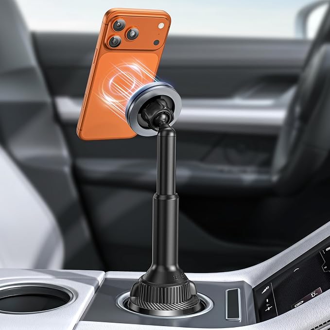 Phone Cup Holder for Car Mount for MagSafe, Quick Extension Long Arm | 360° Rotation, Fits 3"-4" Cup Holders - Stable & Secure for iPhone 12-17 Series, Carbon Fiber Pattern - Image 8