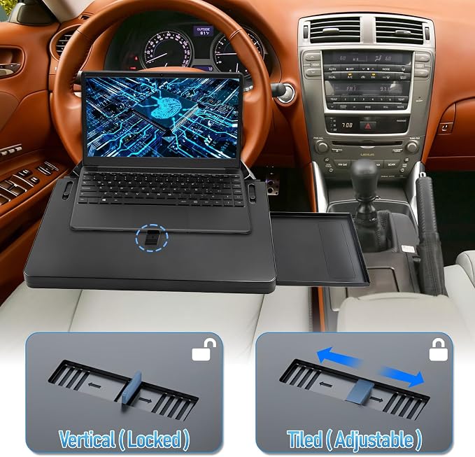 2 in 1 Steering Wheel Desk Dual Slide - 15"Out Trays Laptop Holder | Adjustable Laptop Tray,Car Seat Gap Filler Organizer with Tablet Slot Anti Slip Surface for Eating Writing Working for Car - Image 4