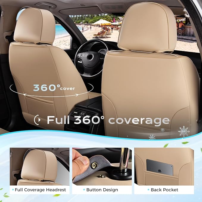 Coverado Seat Covers Full Set, 5 Seats Universal Seat Covers for Cars, Beige Car Seat Covers Front Seats Back Seat Cover, Breathable Car Seat Cushion, Leather Seat Cover Seat Protector Fit Most Cars - Image 2